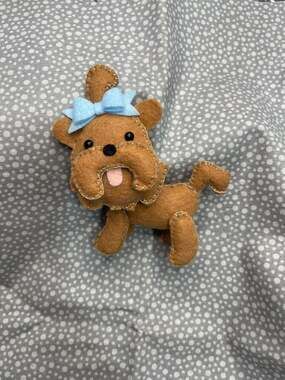 Handmade Brown Felt Yorkshire Terrier Puppy Dog Ornament with Blue Bow